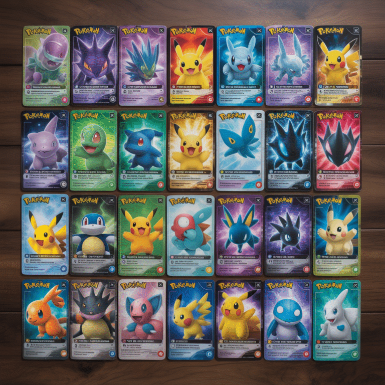 Collection étendue de cartes Pokémon photoréalistes et colorées disposées sur une surface en bois