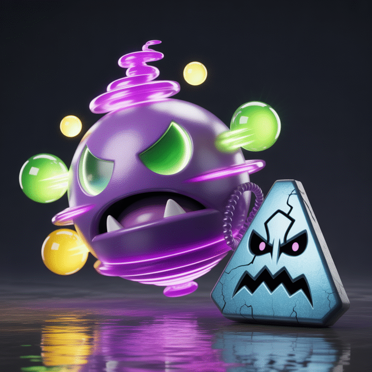 Spiritomb Pokémon composé d'énergie violette tourbillonnante avec yeux verts en forme de croissant et pierre Odd Keystone fissurée