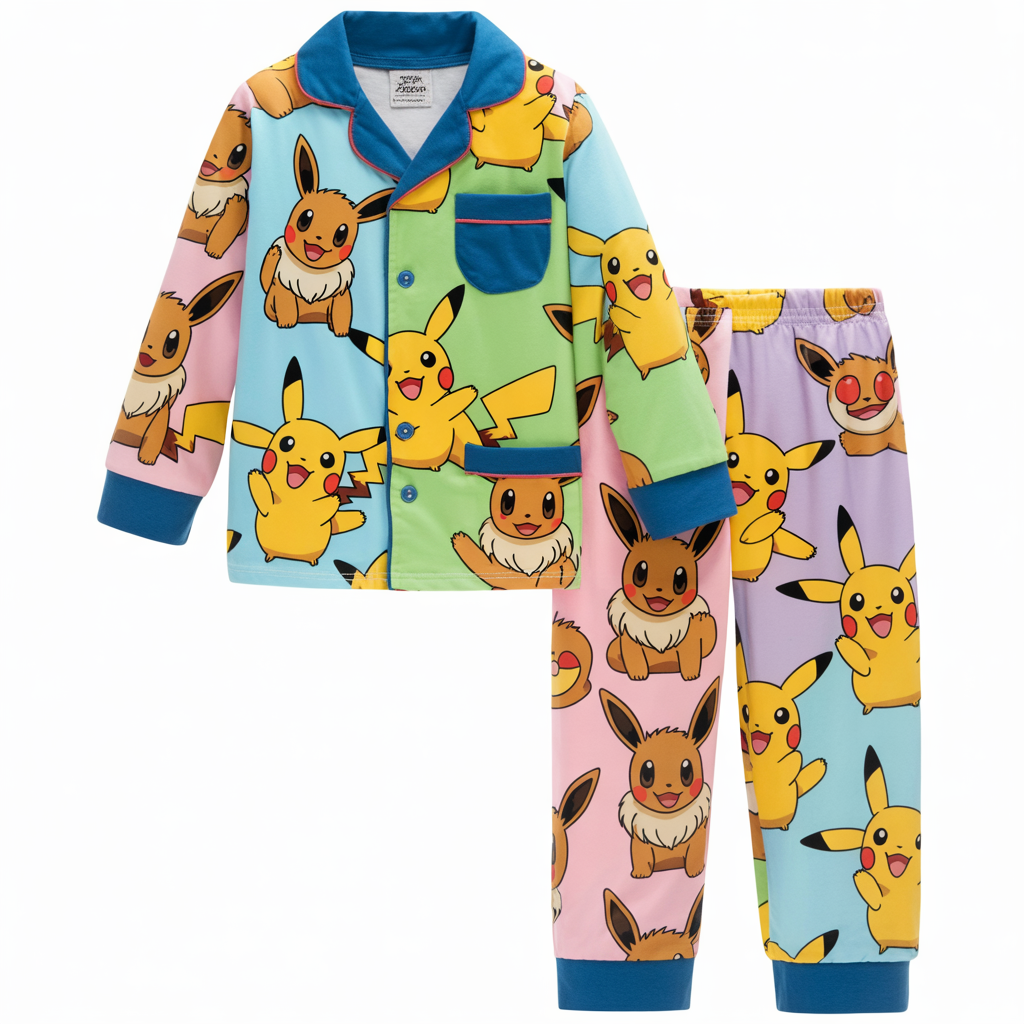 Photorealistic children’s Pokémon pajama set with soft fabric and colorful Pikachu and Eevee designs