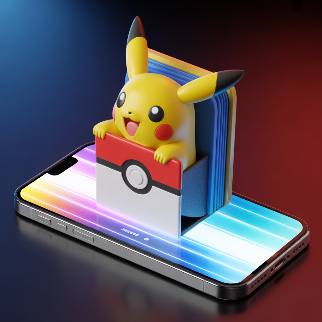 Carte Pokémon 3D animée sortant d’un booster pack ouvert sur l’écran d’un smartphone moderne