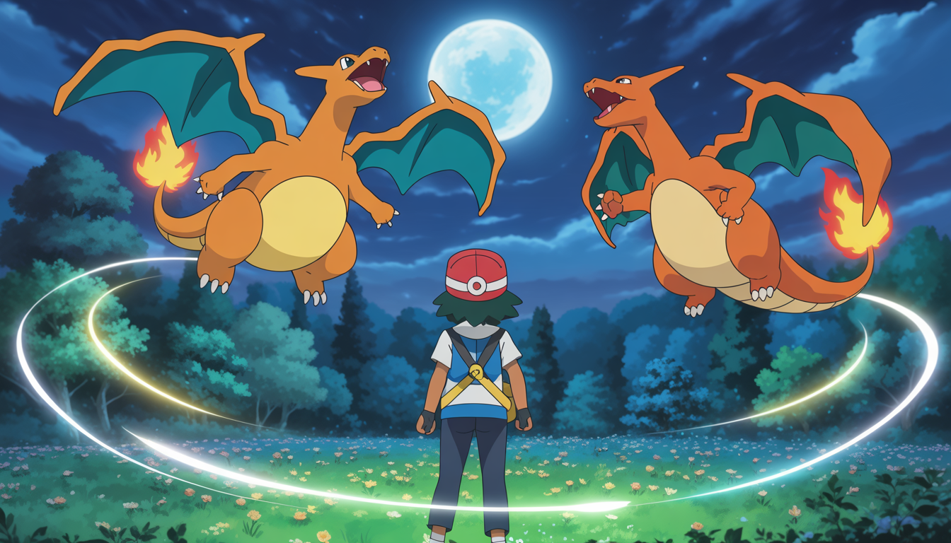 Pokémon trainer standing in a moonlit forest while Charizard and Dragonite fly overhead amid glowing leaves and flowers