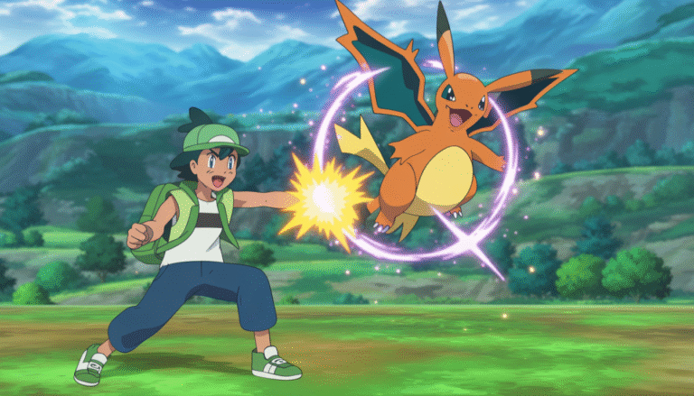 Dresseur en plein combat avec son Pokémon signature dans un décor fantastique