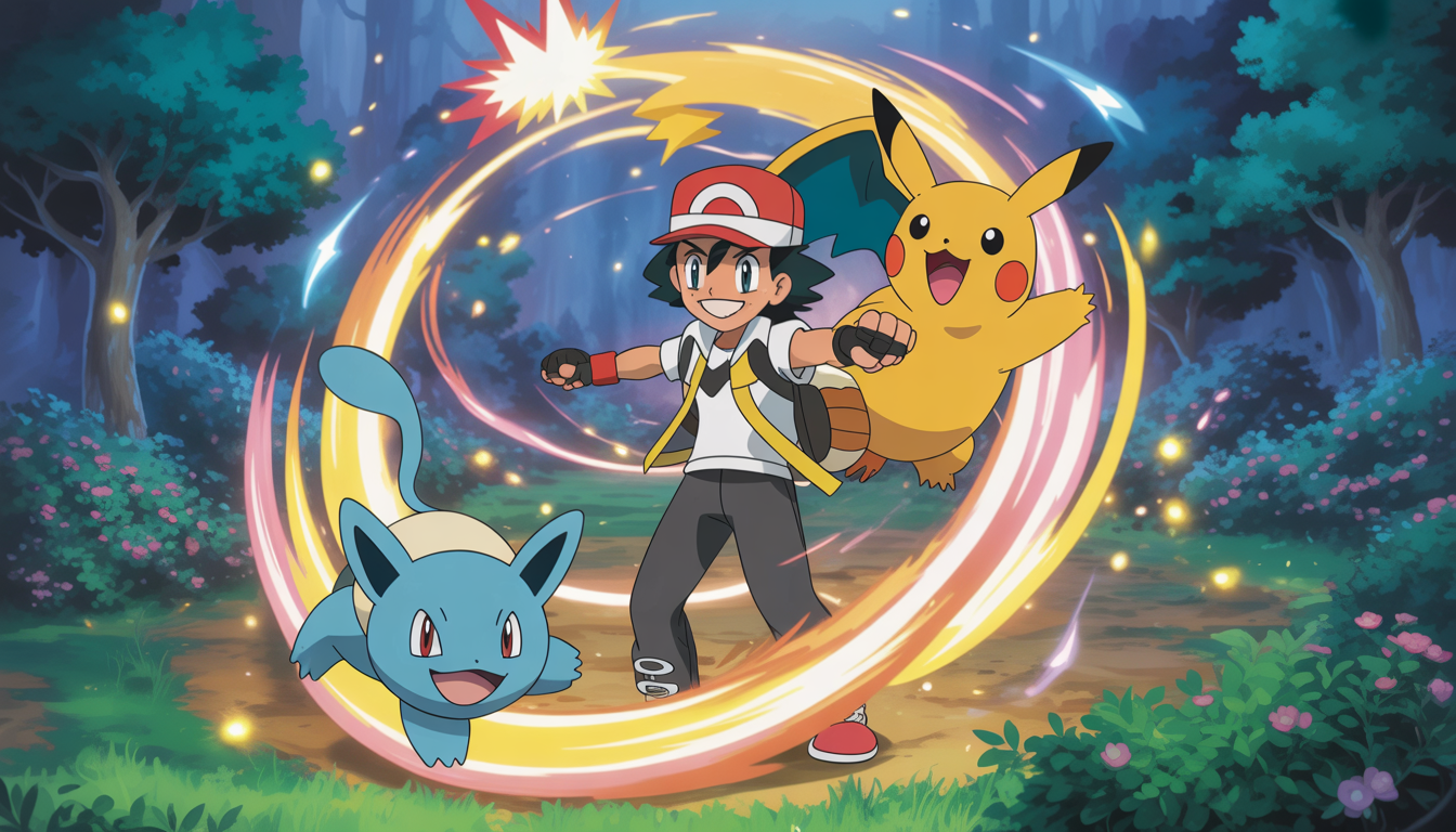 Dresseur Pokémon lançant une puissante attaque avec son Pokémon dans une forêt magique