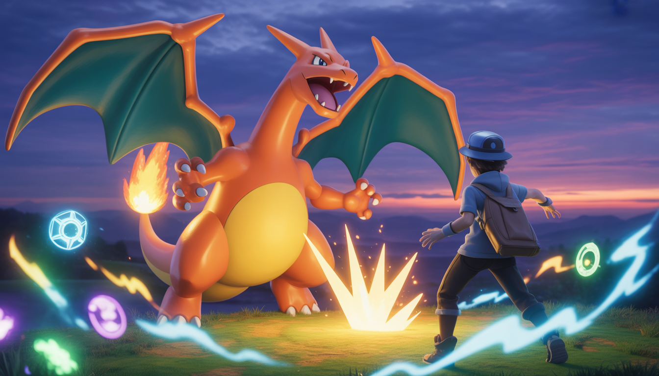 Charizard combattant aux côtés d’un dresseur Pokémon dans un paysage mystique au coucher du soleil avec des effets magiques