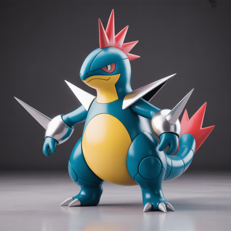 Gallame Pokémon en style photoréaliste avec bras tranchants, casque bleu-vert et pointes rouges, posture de chevalier agile