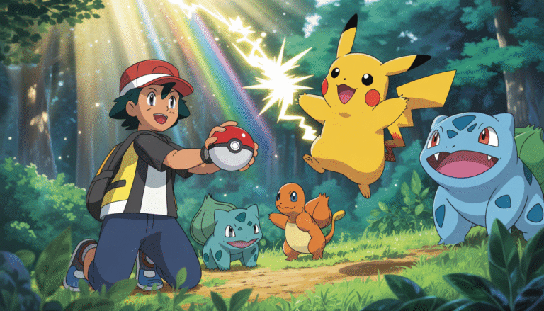 Jeune dresseur tenant une Poké Ball entouré de Pikachu, Bulbizarre, Salamèche et Carabaffe dans une forêt fantastique