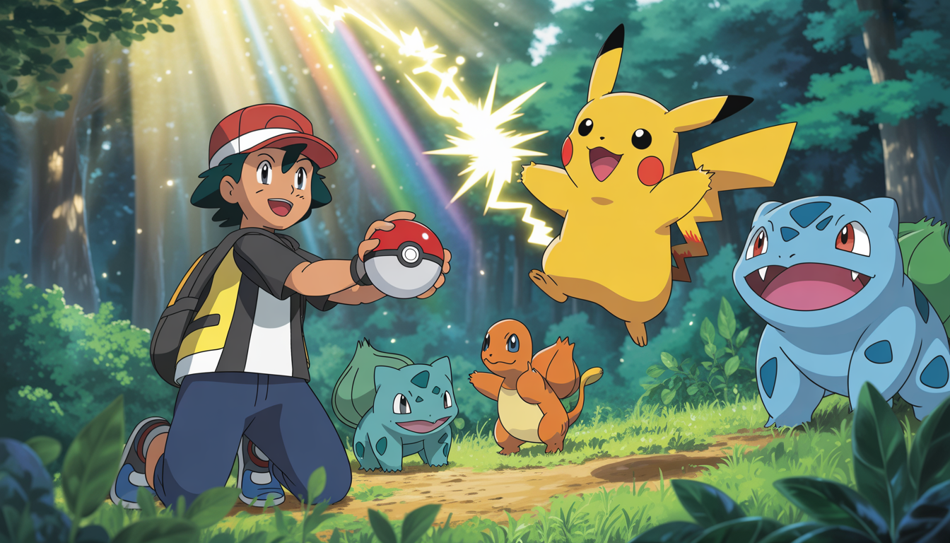 Jeune dresseur tenant une Poké Ball entouré de Pikachu, Bulbizarre, Salamèche et Carabaffe dans une forêt fantastique