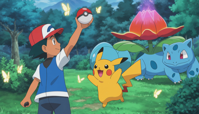 Un jeune dresseur lève une Poké Ball dans une forêt féerique avec Pikachu bondissant et un Florizarre majestueux sous des lucioles brillantes