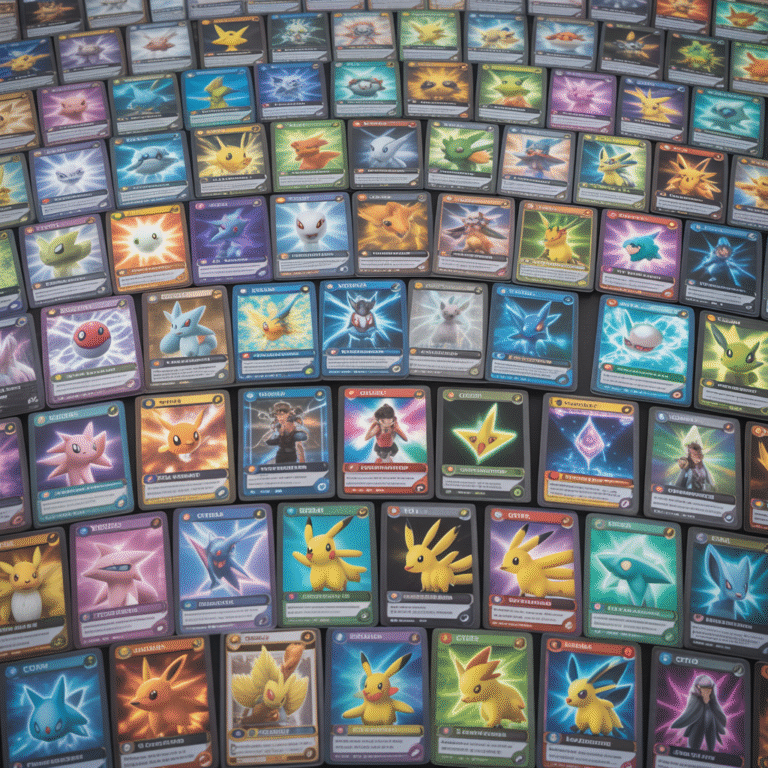 Grande collection de cartes Pokémon classiques, holographiques Full Art, Pokémon légendaires et dresseurs emblématiques en style photoréaliste