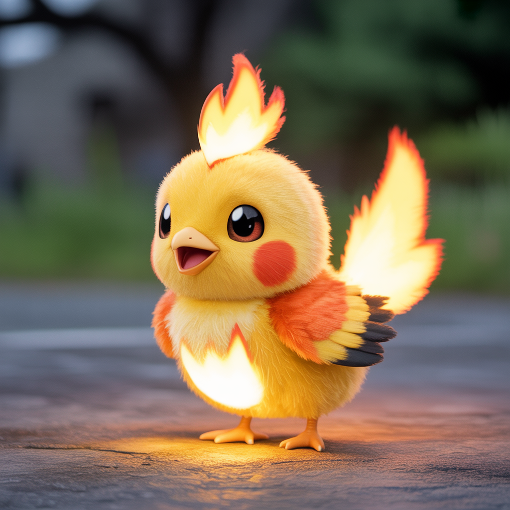 Chick-like Pokémon with bright orange feathers, yellow wings, flame-shaped crest, and gentle belly flame