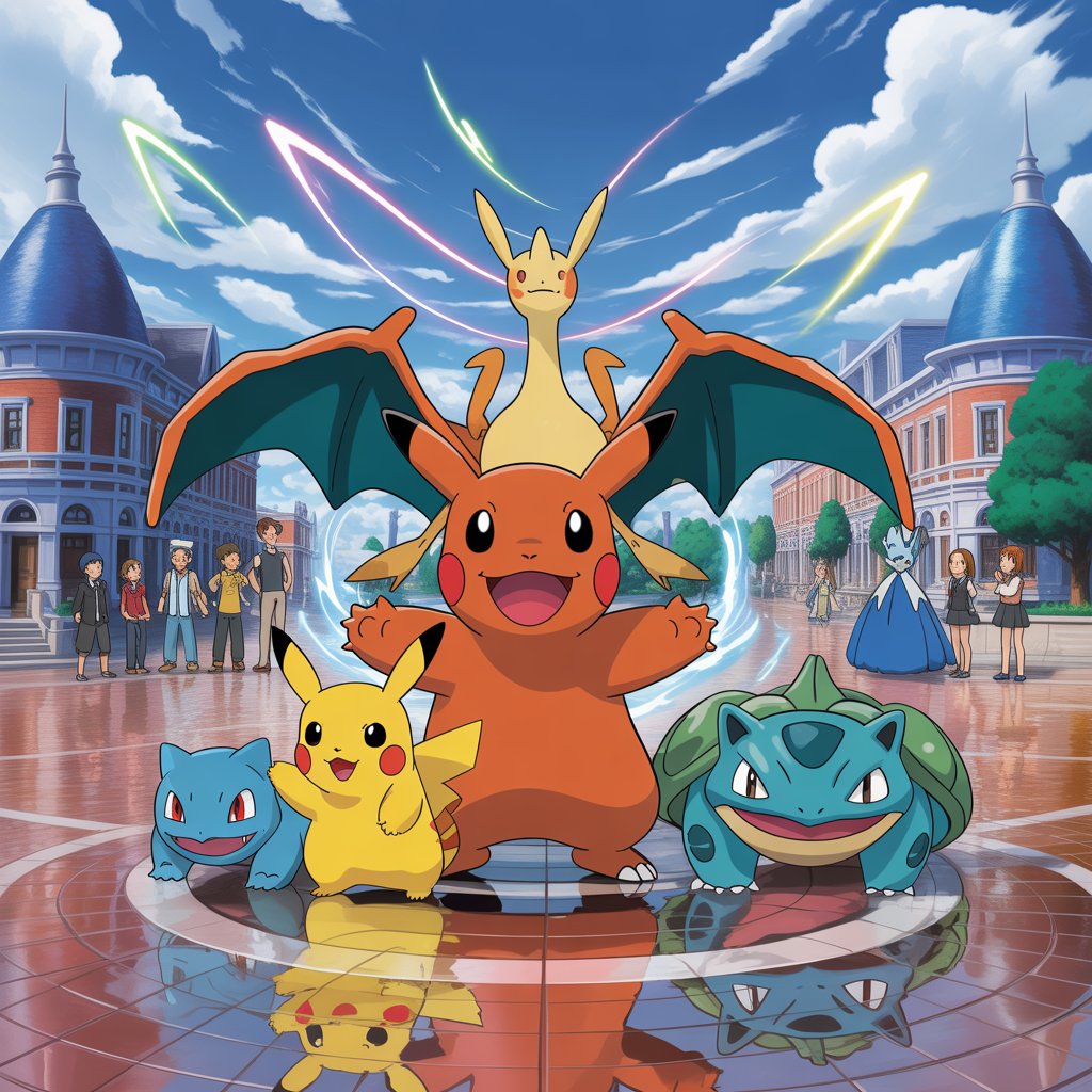 Red entouré de Pikachu, Dracaufeu, Ronflex, Lokhlass, Herbizarre et Tortank dans une place de Johto vibrante avec architecture détaillée et foule souriante