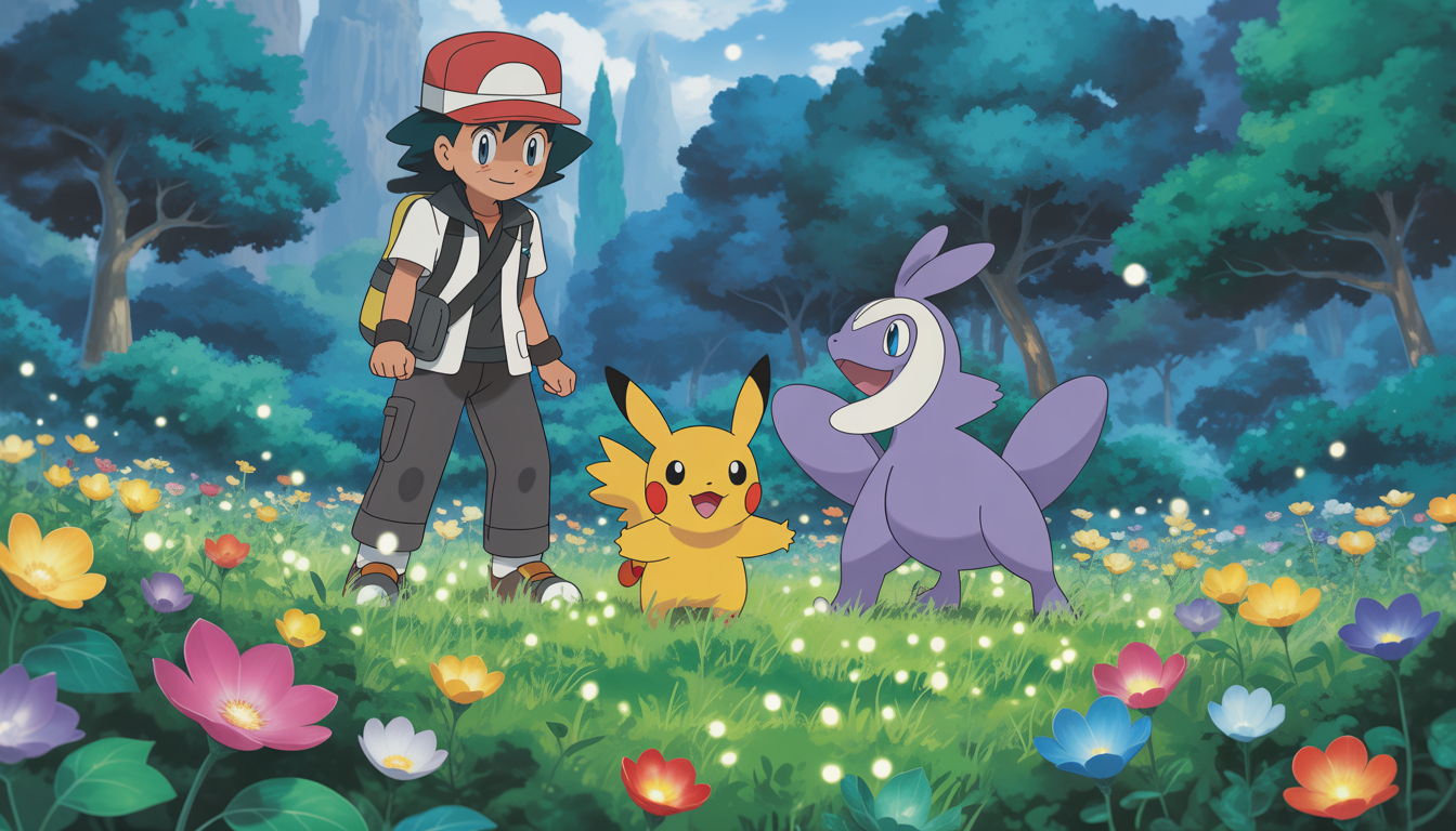 Dresseur Pokémon avec Sprigatito et Fuecoco dans une clairière magique