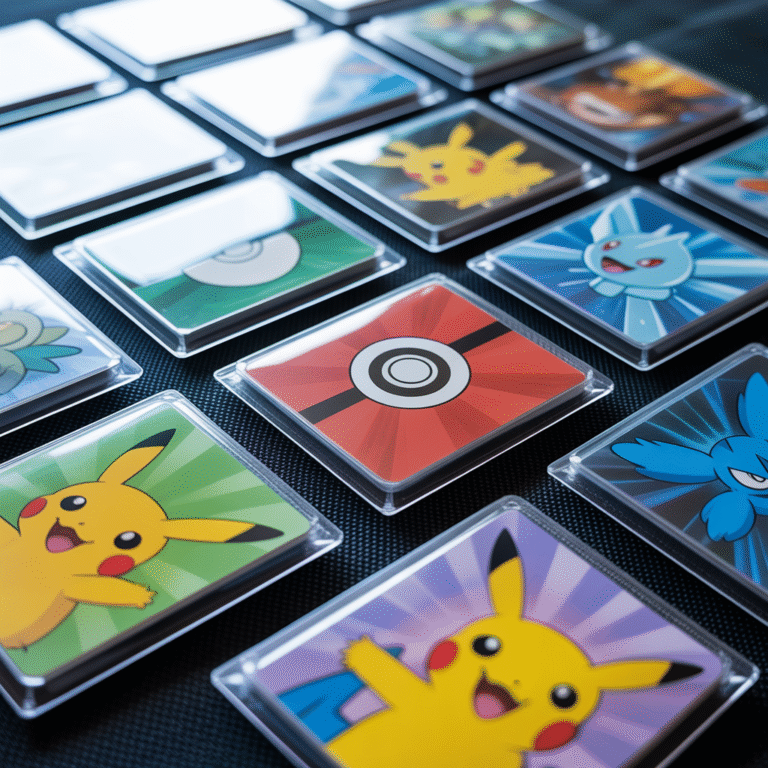 Gros plan sur une collection de cartes Pokémon dans des sleeves transparents avec éclairage doux