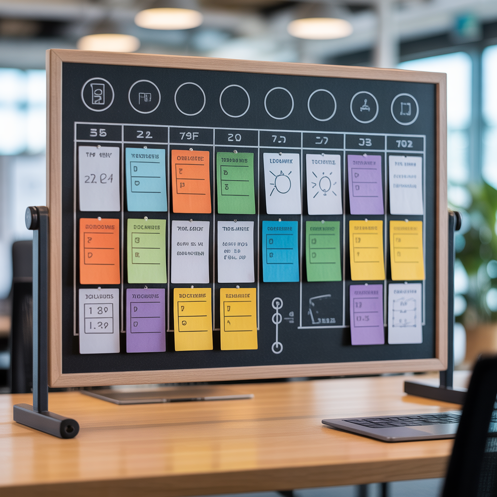 Photorealistic Kanban board with colorful task cards and subtle annotations in a modern office