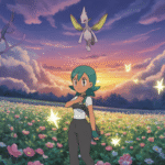 Dresseur avec Gardevoir dans un champ lumineux au coucher du soleil, inspiré du style TCG Pokémon