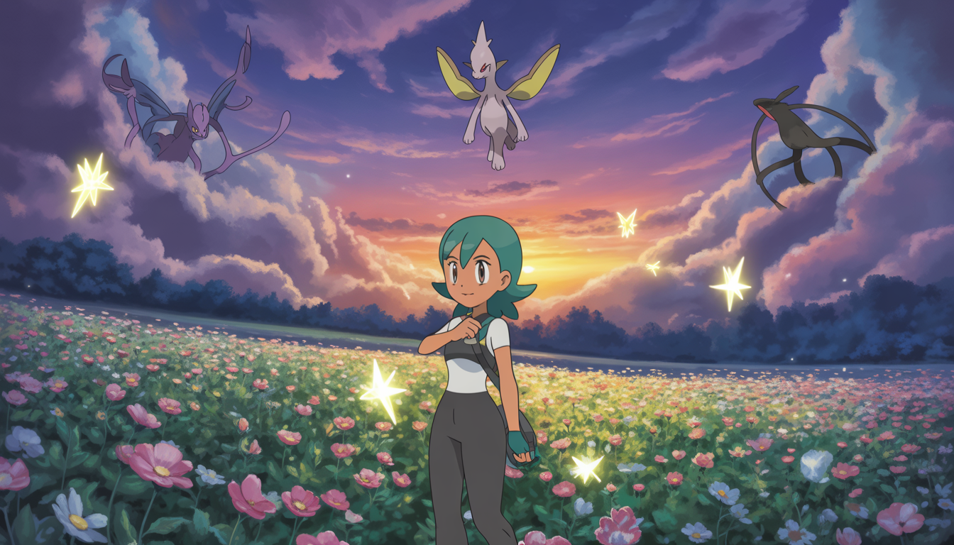 Dresseur avec Gardevoir dans un champ lumineux au coucher du soleil, inspiré du style TCG Pokémon