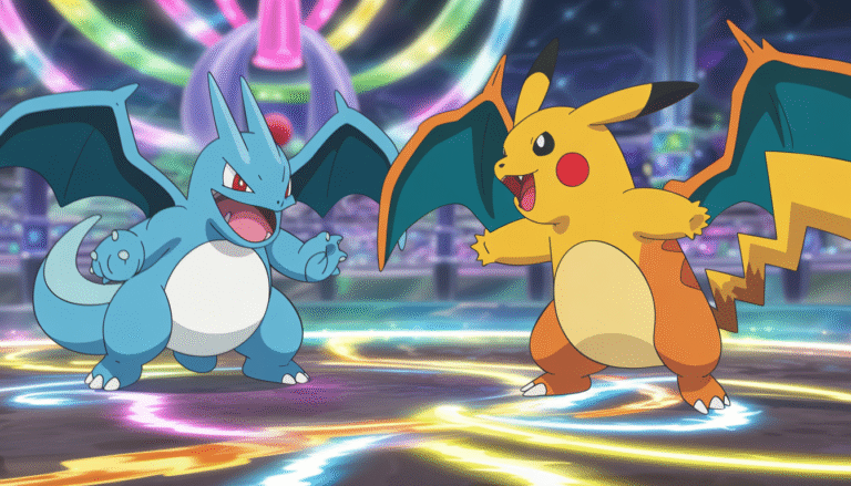 Deux Pokémon emblématiques s’affrontent dans une arène magique colorée