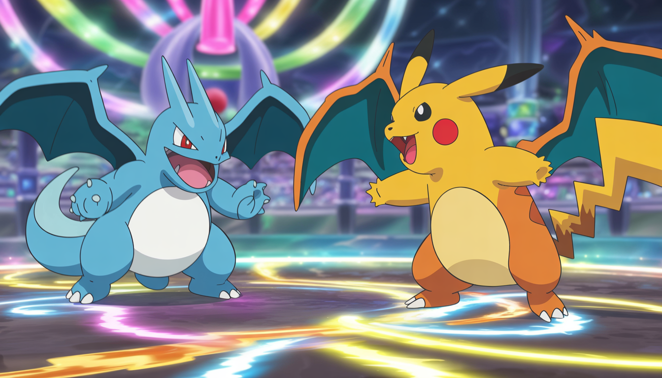 Deux Pokémon emblématiques s’affrontent dans une arène magique colorée