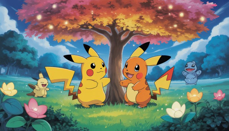 Pikachu et Salamèche se rencontrent sous un arbre lumineux, style Pokémon