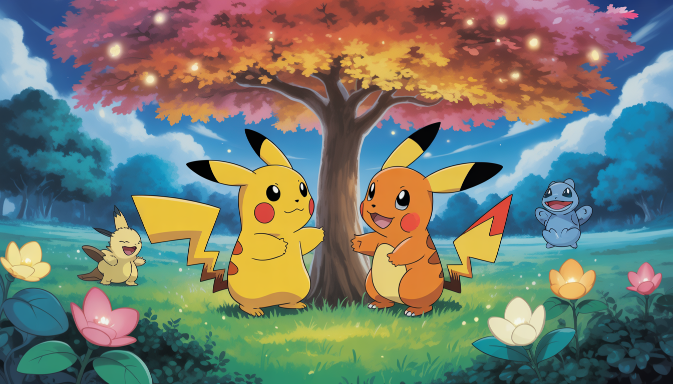 Pikachu et Salamèche se rencontrent sous un arbre lumineux, style Pokémon