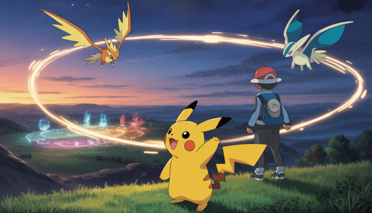 Dresseur avec Pikachu sur une colline au crépuscule, Latios et Latias volant dans un ciel étoilé