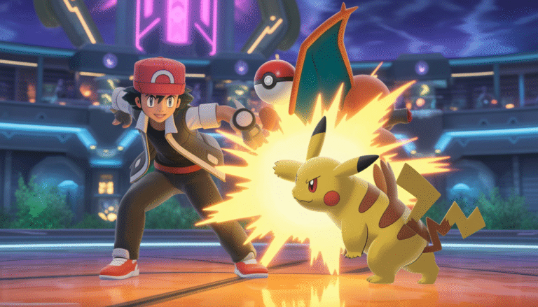 Dresseur Pokémon avec son partenaire iconique lançant une attaque magique dans une arène fantastique