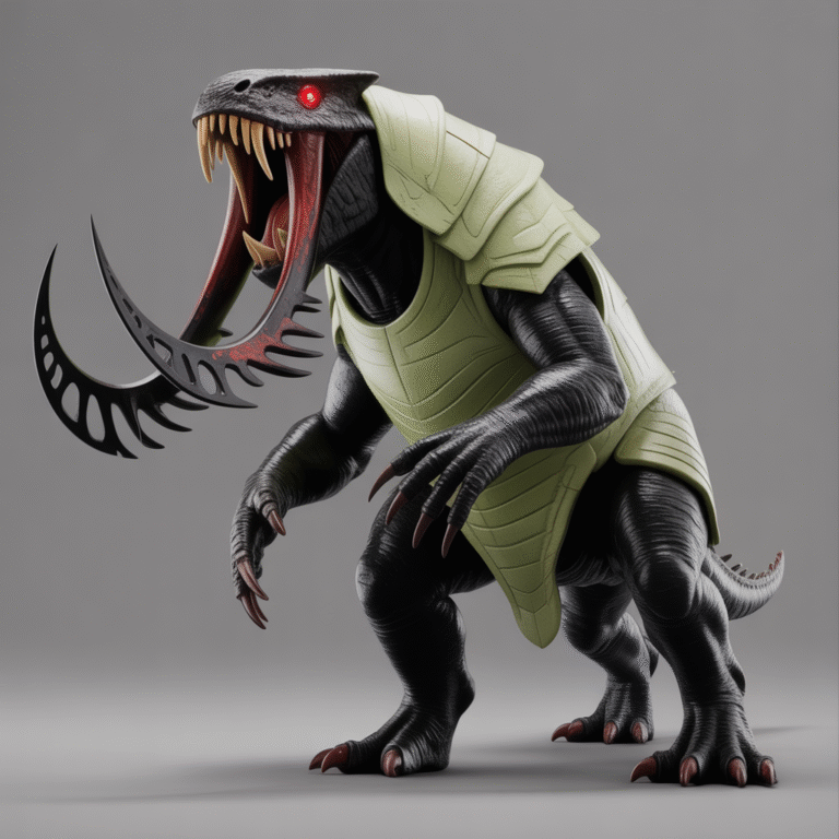 Tranchodon avec corps noir, armure verte claire, grandes défenses en forme de faucille noires et rouges, yeux rouges et griffes acérées