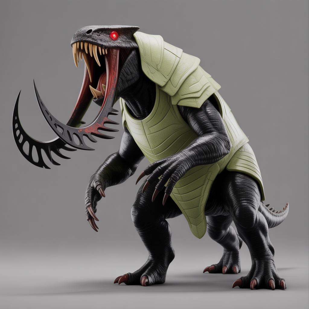 Tranchodon avec corps noir, armure verte claire, grandes défenses en forme de faucille noires et rouges, yeux rouges et griffes acérées