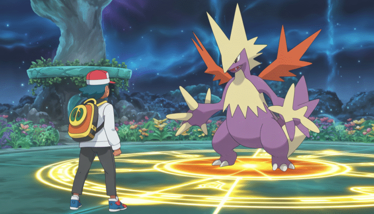 Dresseur de Pokémon face à un Pokémon légendaire dans une arène lumineuse