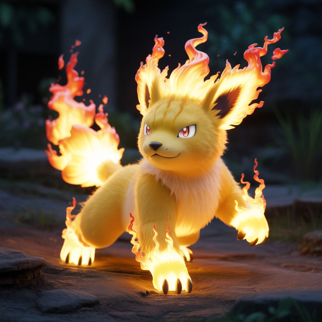 Pyroli Pokémon avec fourrure dorée brillante et flammes dansantes sur fond sombre