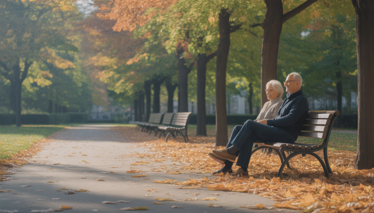 Elderly couple sitting on bench in autumn park with colorful leaves