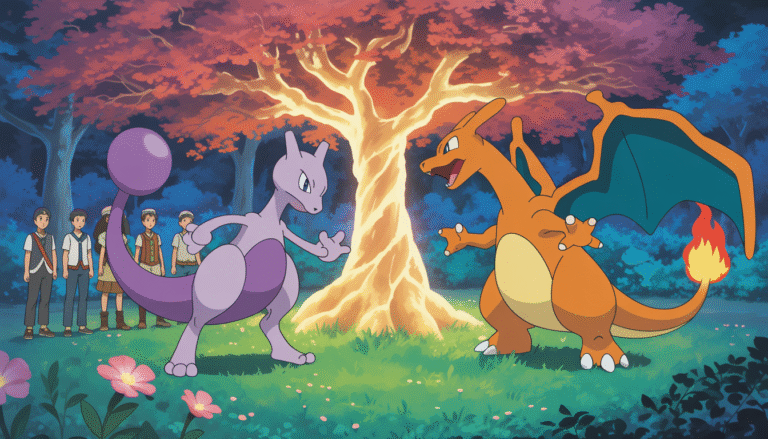 Mewtwo et Dracaufeu se rencontrent sous un arbre ancien lumineux dans une forêt enchantée avec des dresseurs émerveillés