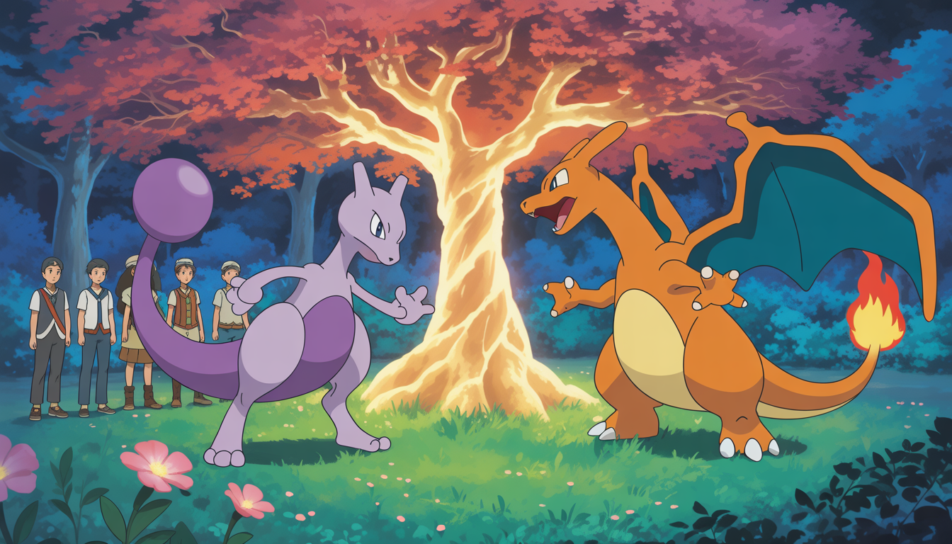 Mewtwo et Dracaufeu se rencontrent sous un arbre ancien lumineux dans une forêt enchantée avec des dresseurs émerveillés