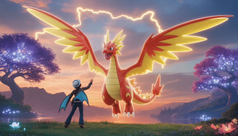 Un dresseur courageux invoque un dragon ailé légendaire dans un ciel pastel avec des éclairs dorés