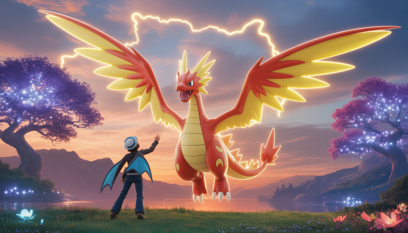 Un dresseur courageux invoque un dragon ailé légendaire dans un ciel pastel avec des éclairs dorés