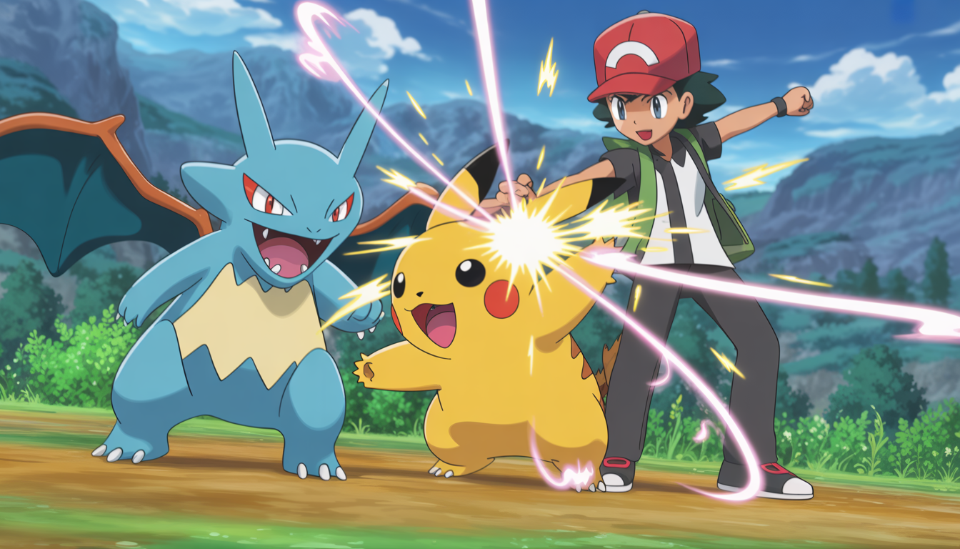 Illustration TCG d’un dresseur lançant une attaque avec son Pokémon