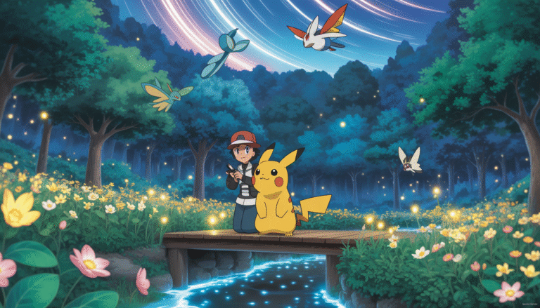 Dresseur avec Pikachu sur un pont en bois dans une forêt lumineuse