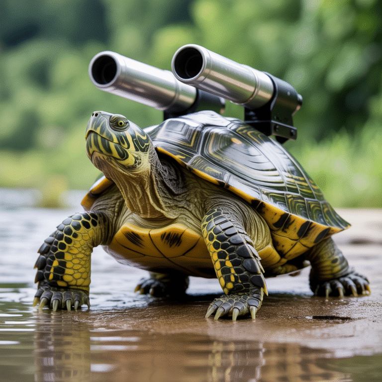 Tortank photoréaliste avec canons à eau brillants sur sa carapace, prêt à tirer un jet d'eau