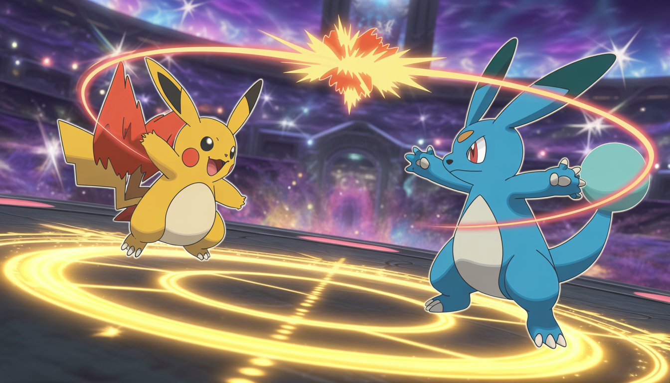 Deux Pokémon emblématiques s'affrontent dans une arène magique avec des effets d'aura et un décor fantastique