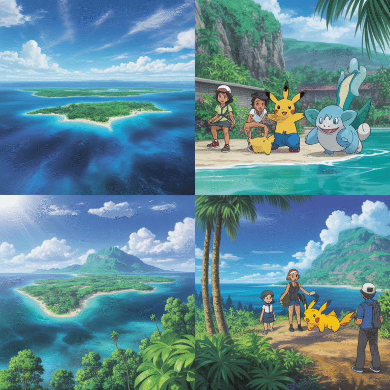 Vue panoramique photo-réaliste de la région d'Alola avec quatre îles principales et Pokémon interagissant avec des humains en environnement tropical