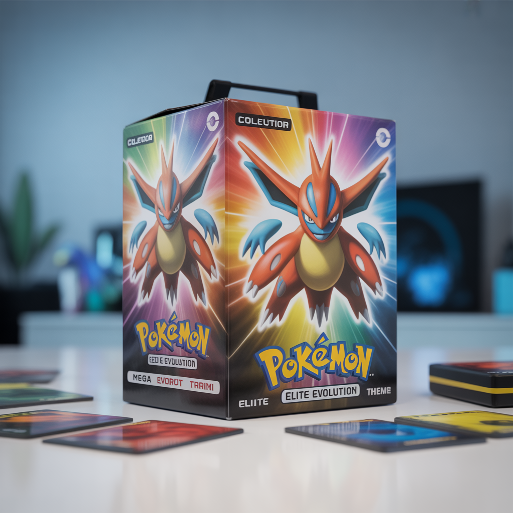 Boîte Elite Trainer Pokémon avec thème Méga Évolution, design coloré et effets lumineux