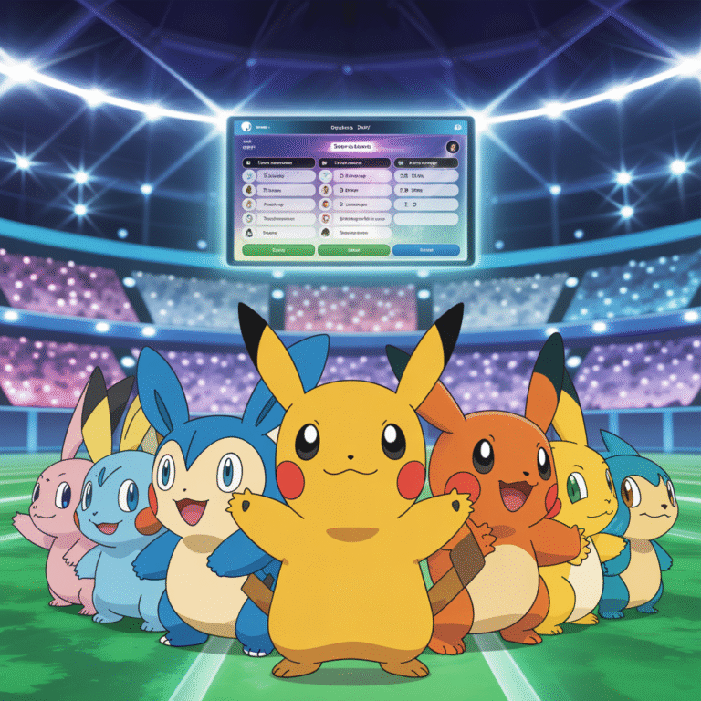 Plusieurs Pokémon de différentes générations alignés avec expressions curieuses dans un stade lumineux avec foule et écran central scintillant