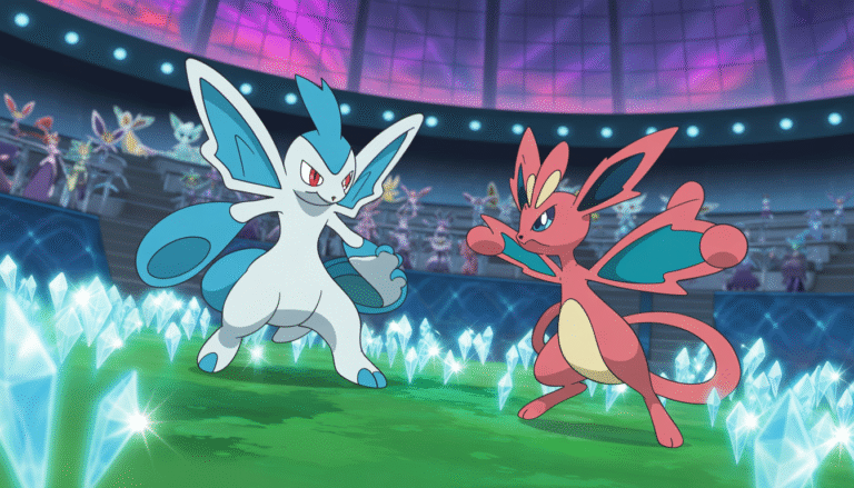 Combat de Gardevoir et Sylveon sur un terrain cristallin inspiré du style Pokémon TCG