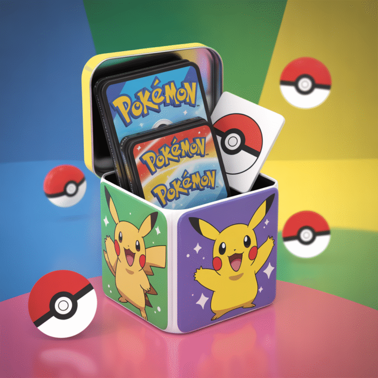 Boîte métallique Pokémon contenant trois boosters de cartes, un jeton et des stickers sur fond coloré à thème Pokémon