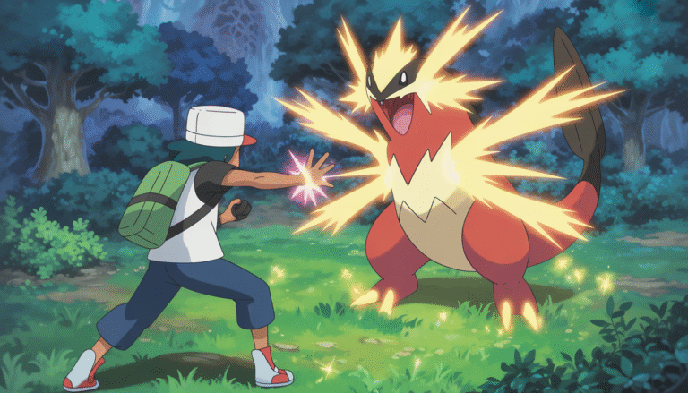 Brave trainer fighting a glowing legendary Pokémon in a magical forest