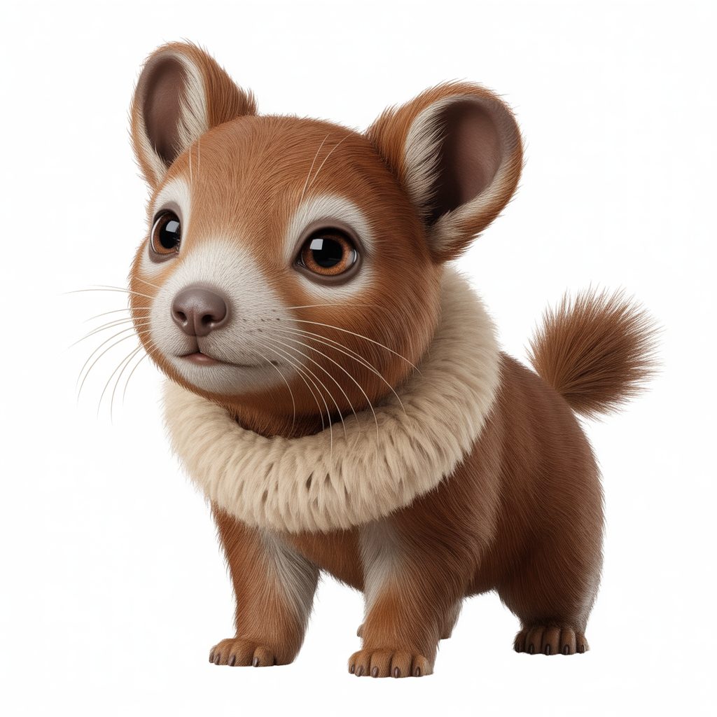 Image photoréaliste d'Évoli, petit mammifère quadrupède brun avec col en fourrure crème et bout de queue duveteux