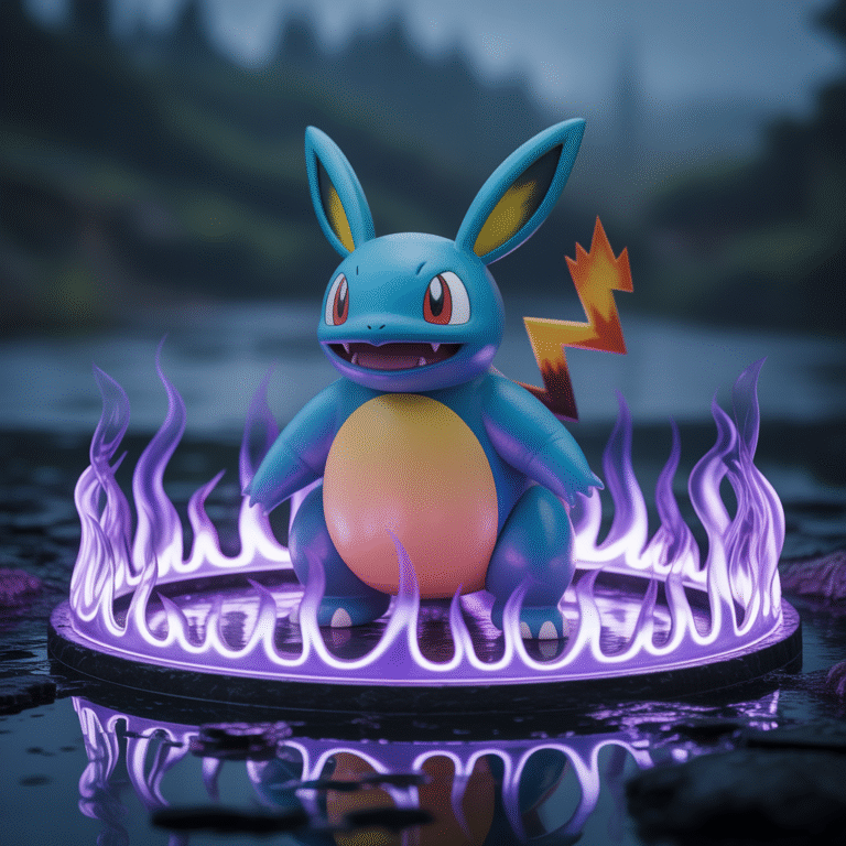 Lugulabre Pokémon candélabre animé avec des flammes violettes brillantes dans une ambiance surnaturelle
