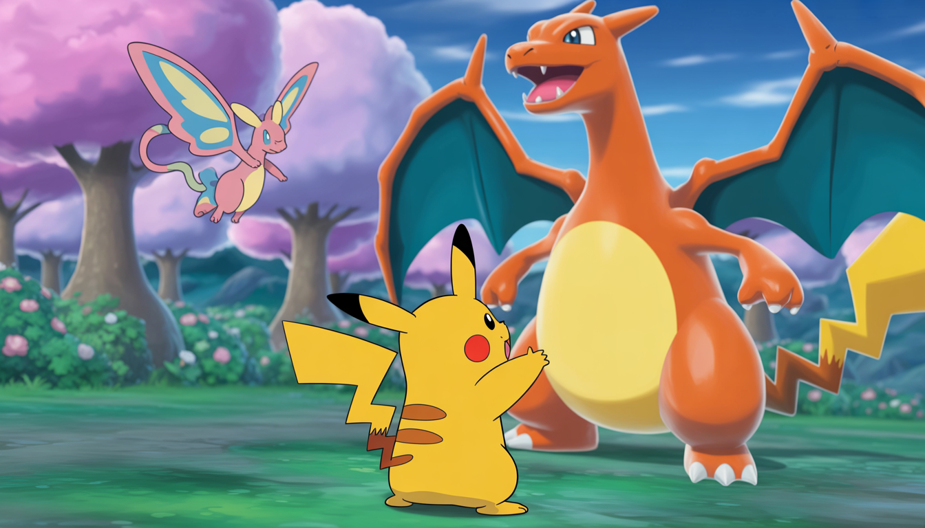 Illustration 2D de Pikachu affrontant Dracaufeu dans une forêt magique