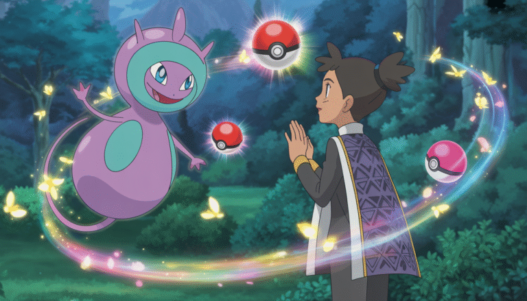 Illustration de Gardevoir brillant dans une forêt magique avec un jeune dresseur émerveillé et des Poké Balls flottantes