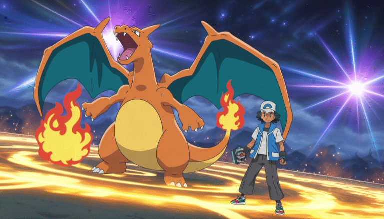 Charizard crache des flammes aux côtés d'un dresseur dans une arène magique sous un ciel étoilé